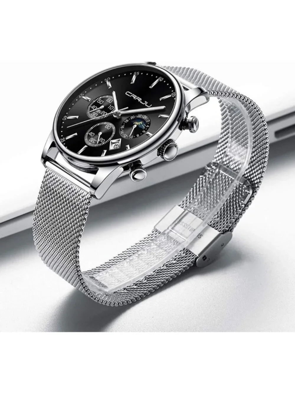 Men's Silver Black Chronograph Waterproof Steel Quartz Mesh Strap Casual Watch